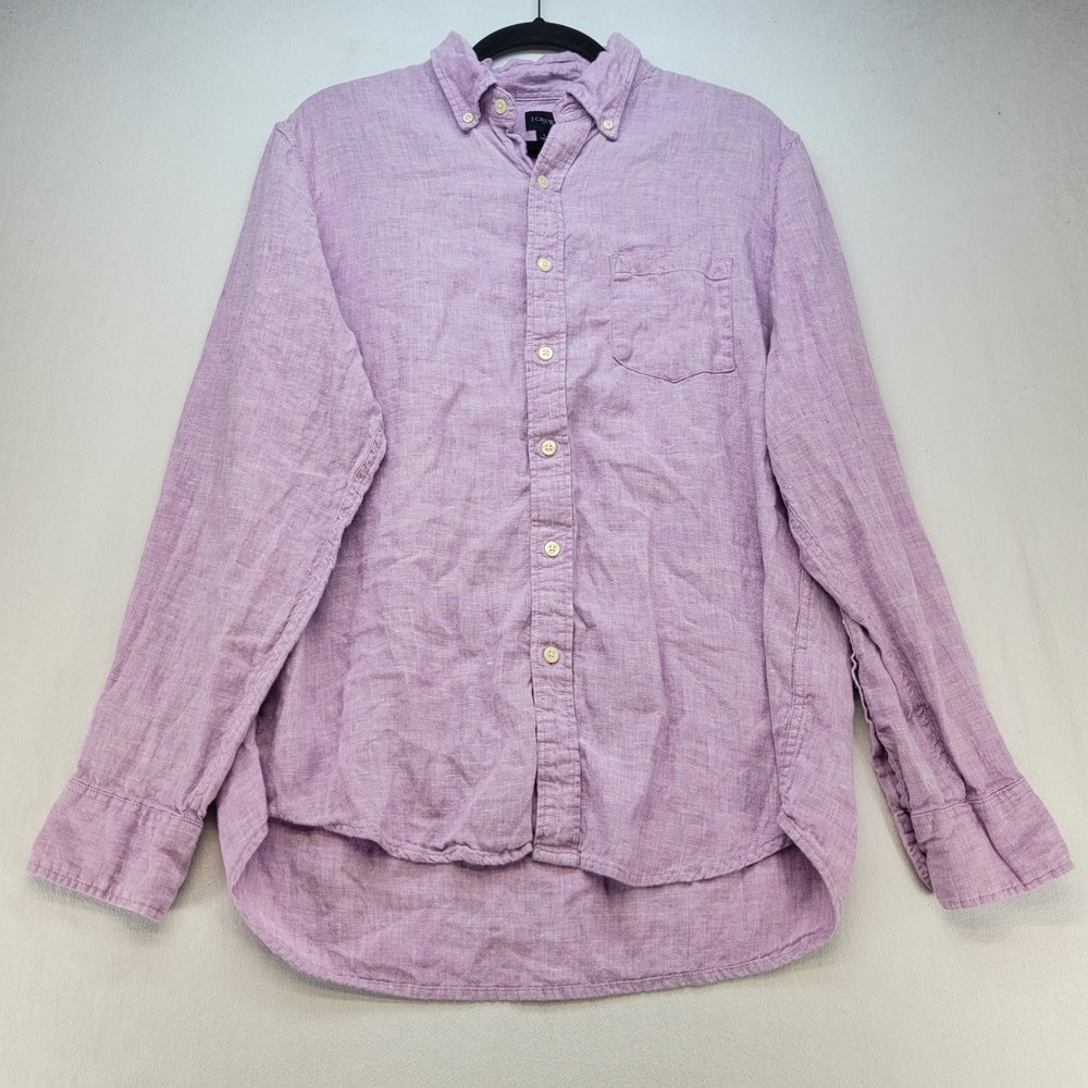 J.Crew Button Down Shirt Mens Large Purple Casual Linen Cotton Long Sleeve